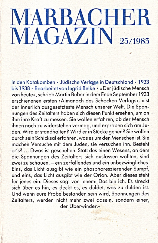 Marbacher Magazin 25/1983. Für die Ausstellung der Staatsbibliothek Preußischer Kulturbesitz Berlin
