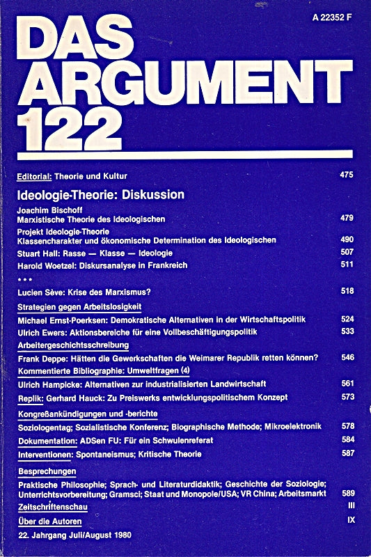 Das Argument - Band 122 - Zeitschrift für Philosophie und Sozialwissenschaften (Ideologie-Theorie: Diskussion) Jg. 1980  Heft 7/8