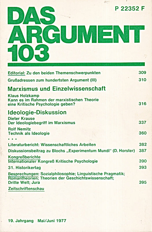 Das Argument - Band 103 - Zeitschrift für Philosophie und Sozialwissenschaften (Marxismus mund Einzelwirtschaft / Ideologie-Diskussion) Jg. 1977  Heft 5/6