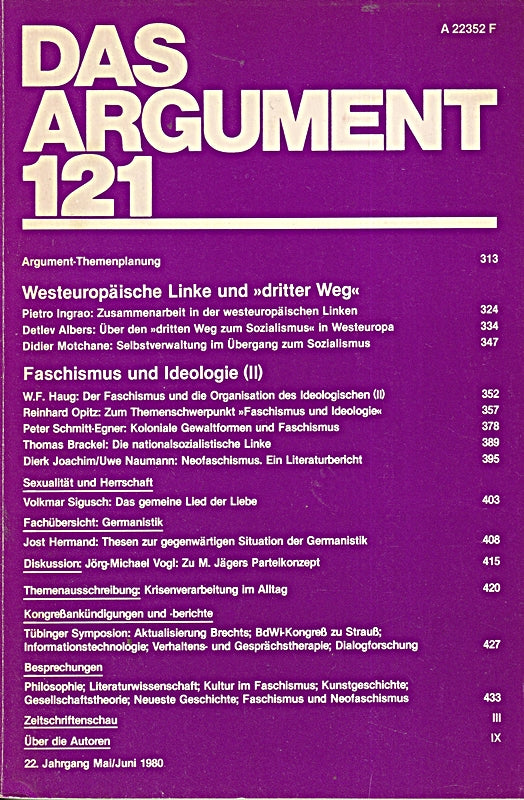 Das Argument - Band 121 - Zeitschrift für Philosophie und Sozialwissenschaften (Westeuropäische Linke und dritter Weg / Fschismus und Ideologie [2]) Jg. 1980  Heft 5/6