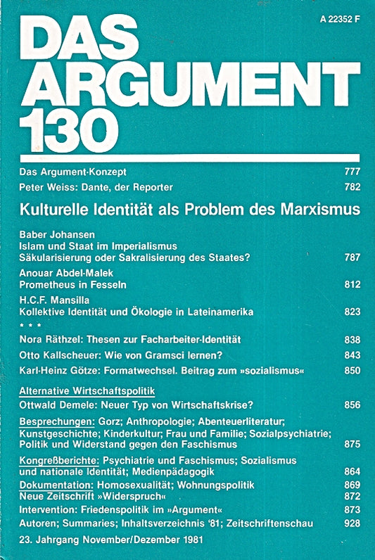 DAS ARGUMENT 130 Kulturelle Identität Als Problem Des Marxismus - Zeitschrift für Philosophie und Sozialwissenschaften