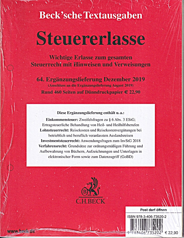 Steuererlasse 64. Ergänzungslieferung: Rechtsstand: 31. Dezember 2019