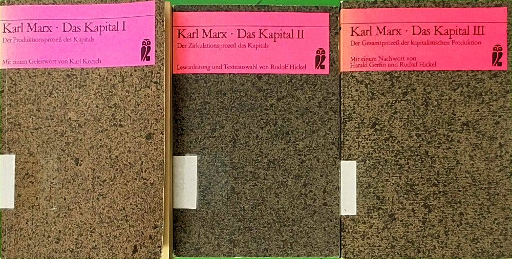 Das Kapital. 3 Bände. Band 1: Der Produktionsprozeß des Kapitals (ISBN 3548350917). Band 2: Der Zirkulationsproteß de Kapitals (ISBN 3548350425). Band 3: Der Gesamtprozeß der kapitalistischen Produktion (ISBN 3548350933). Ullstein Materialien 35091  35092 